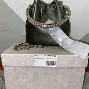 Jimmy choo satin bon bon purse with crystal handle.